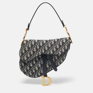 Pre Owned Dior Blue Oblique Canvas and Leather Saddle Bag