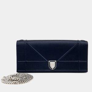 Dior Navy Blue Satin Diolamar Clutch and Chain Shoulder Bag