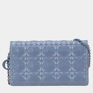 Dior Blue Calfskin Cannage Diamond Lady Dior Wallet On Chain