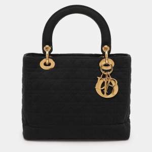 Pre Owned Dior Black Cannage Nylon Medium Lady Dior Tote