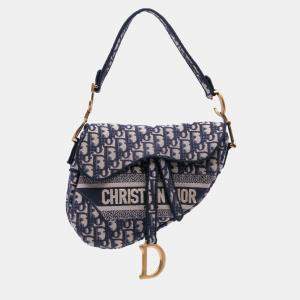 Dior Blue Embroidered Canvas Oblique Saddle Crossbody Bag