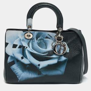 Dior Navy Blue Floral Print Leather Medium Diorissimo Shopper Tote