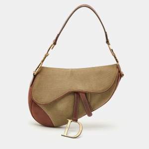Dior Brown/Olive Green Canvas and Patent Leather Saddle Bag
