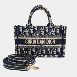 Dior Navy Blue Fabric Book Tote Mini Shoulder Strap Bag