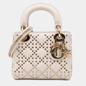 Dior White Mini Lambskin Cannage Lucky Star Studded Lady Dior Bag