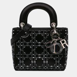Dior Black Mini Satin Cannage Strass Crystal Embellished Lady Dior Bag