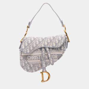 Dior Grey Canvas Oblique Embroidered Saddle Bag