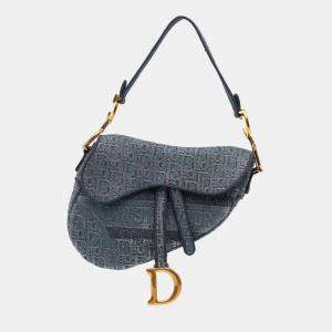 Dior Blue Embroidered Oblique Denim Saddle Bag