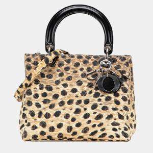 Dior Light Brown Canvas Cannage Leopard Print Medium Lady Dior Bag
