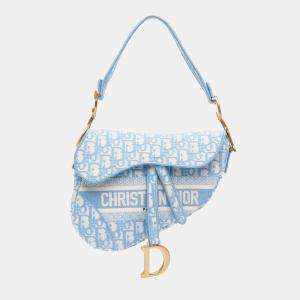Dior Blue Oblique Embroidered Canvas Saddle Bag