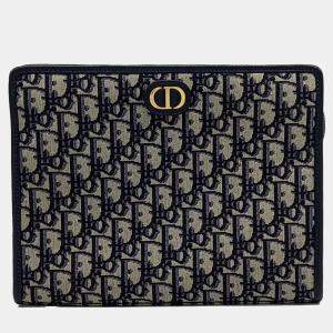 Dior Beige Navy Blue Canvas Dior Beige/Navy Blue Coated Canvas Oblique 30 Montene Pouch
