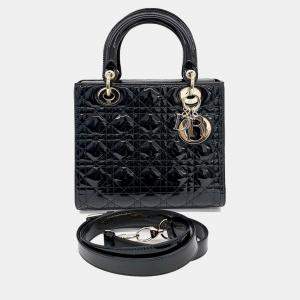 Dior Black Patent Leather Patent Cannage Lady Medium Bag