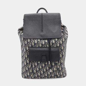 Dior Navy Black Leather Canvas Oblique Backpack
