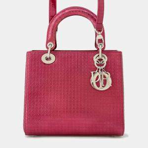 Dior Metallic Pink Patent Leather Lady Dior Micro Cannage Medium Tote Bag