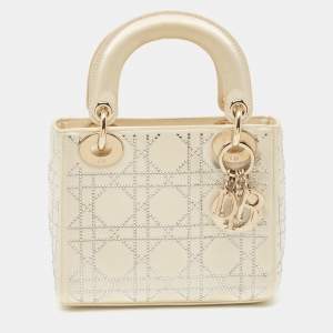 Dior Off White Cannage Satin Mini Crystals Embellished Lady Dior Tote