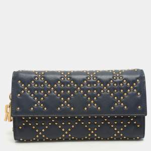 Dior Navy Blue Leather Studded Lady Dior Wallet on Chain