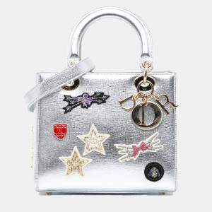 Dior Silver Medium Metallic Calfskin Embroidered Lady Dior