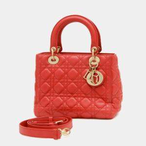 ChristianMedium Lambskin Red  Dior Lady Cannage Bag 