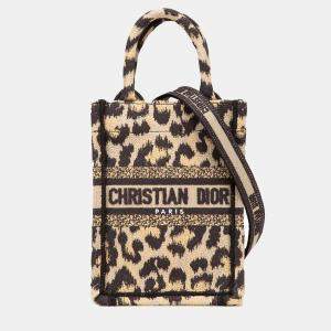 Dior Brown Mizza Mini Embroidered Canvas Leopard Vertical Book Tote