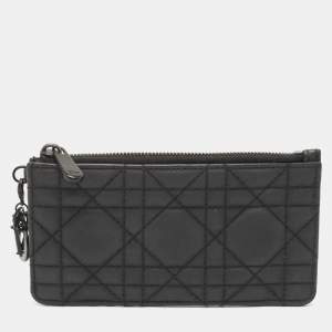 Dior Black Ultra Matte Cannage Leather Lady Dior Zip Card Holder