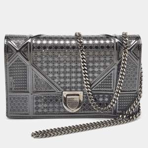 Dior Dark Grey Micro Cannage Patent Leather Diorama Wallet on Chain