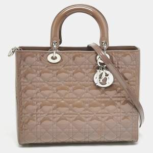 Dior Beige Cannage Patent Leather Large Lady Dior Tote