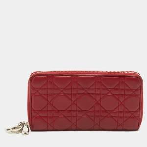 Dior Red Cannage Leather Lady Dior Zip Continental Wallet