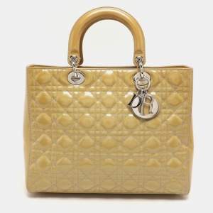 Dior Beige Cannage Patent Leather Large Lady Dior Tote