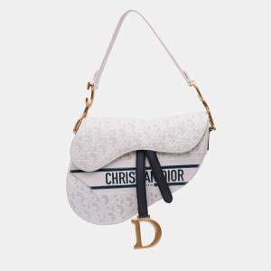 Dior White Perforated Oblique Embossed Calfskin Saddle Bag
