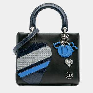 Dior Black Blue Medium Calfskin Patent Embroidered Valentines Day Heart Lady Dior
