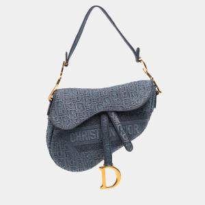 Dior Blue Oblique Embroidered Denim Saddle Bag