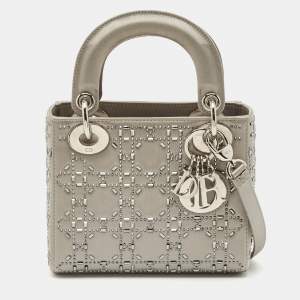 Dior Grey Cannage Satin Mini Beads Lady Dior Tote