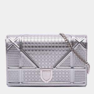 Dior Silver Metallic Patent Microcannage Diorama Wallet on Chain