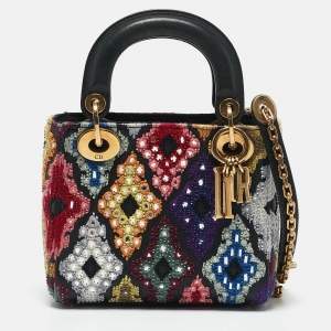 Dior Multicolor Leather Mini Embroidered Beads Lady Dior Tote
