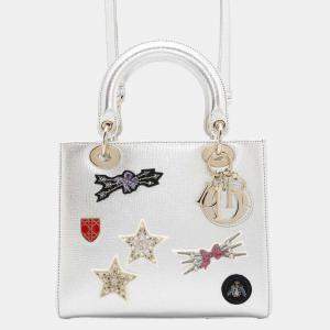 Dior Silver Leather Patchwork Lady Dior Shoulder Bag