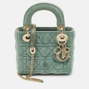 Dior Green Cannage Velvet Mini Lady Dior Tote