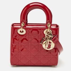 Dior Red Cannage Patent Leather Small Lady Dior Tote