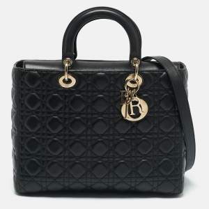 Pre Owned Dior Black Cannage Leather Large Lady Dior Tote