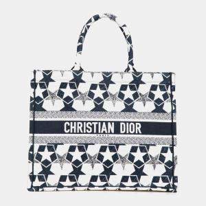 Dior Blue Canvas Embroidered Lucky Star Book Large Tote