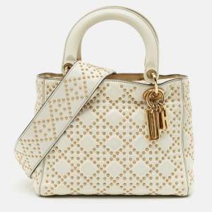 Dior White Cannage Leather Medium Studded Lady Dior Tote