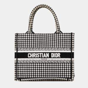 Dior Black  White Canvas Houndstooth Embroidered Small Book Tote