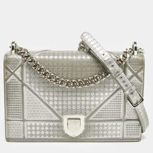 Dior Silver Microcannage Patent Leather Medium Diorama Shoulder Bag