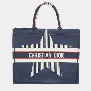 Dior Navy Blue Embroidered Canvas Large New Alps Book Tote