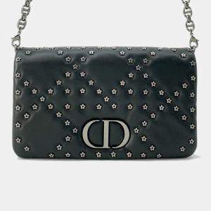 Dior Caro Star Studded Flap Shoulder Wallet Black Leather
