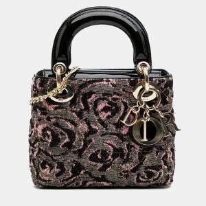 Dior Black Pink Mini Tweed Rose Embroidered Lady Dior