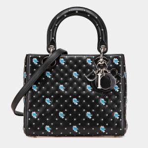 Dior Black Medium Calfskin Embroidered Flower Lady Dior