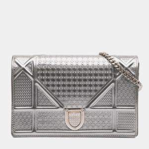 Dior Silver Metallic Patent Microcannage Diorama Wallet on Chain
