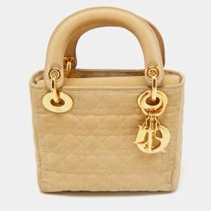 Dior Beige Cannage Fabric Mini Lady Dior Tote