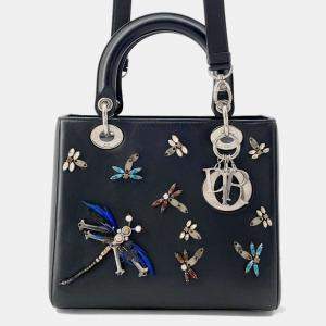 Dior Black Leather Rhinestone Dragonfly Lady Dior Handbag