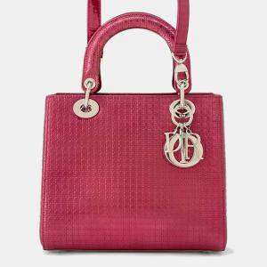 Dior Metallic Pink Patent Leather Medium Lady Dior Microcannage Handbag